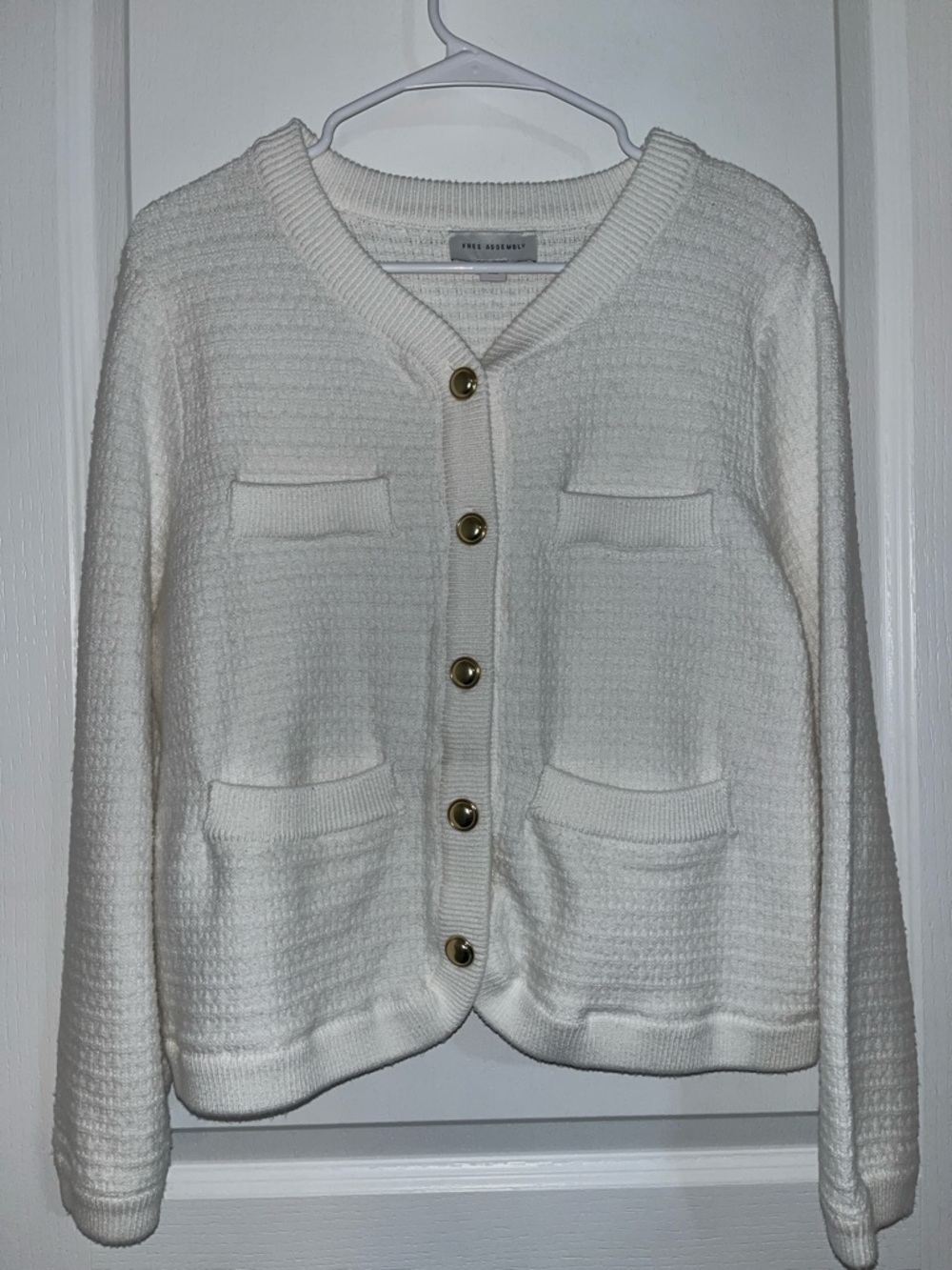 Textured Cream Button-Front Cardigan with Gold Buttons